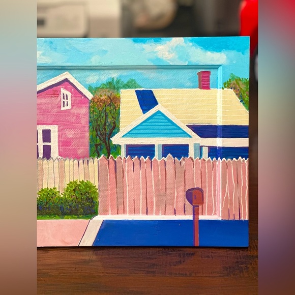 Acrylic Hand-Painted Suburban Neighborhood Art – 3D House Scene on Wood Frame - Picture 3 of 7